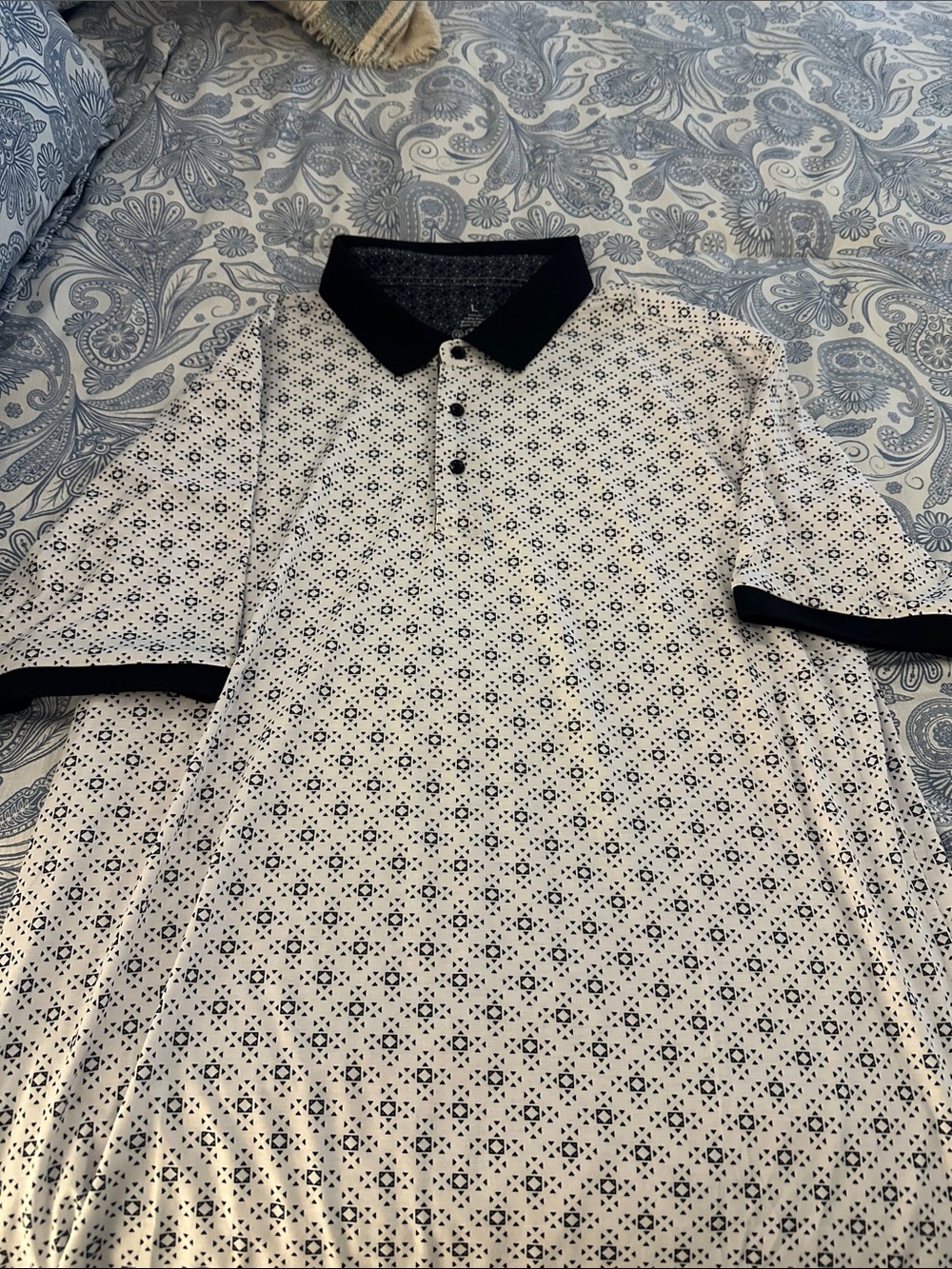 Men's White Polo with Black Collar and Geometric Print